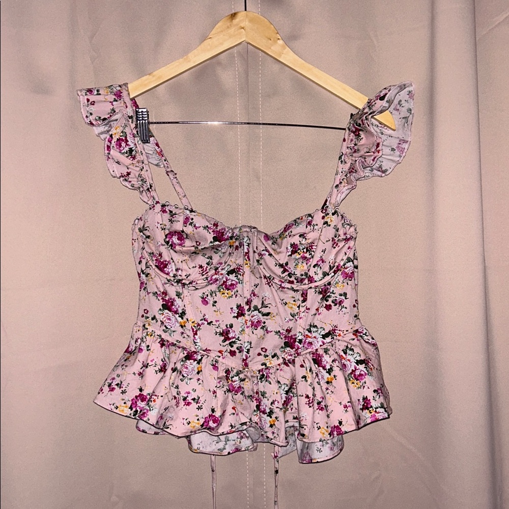 Astr Floral Lace-Up Blouse in Pink and Red